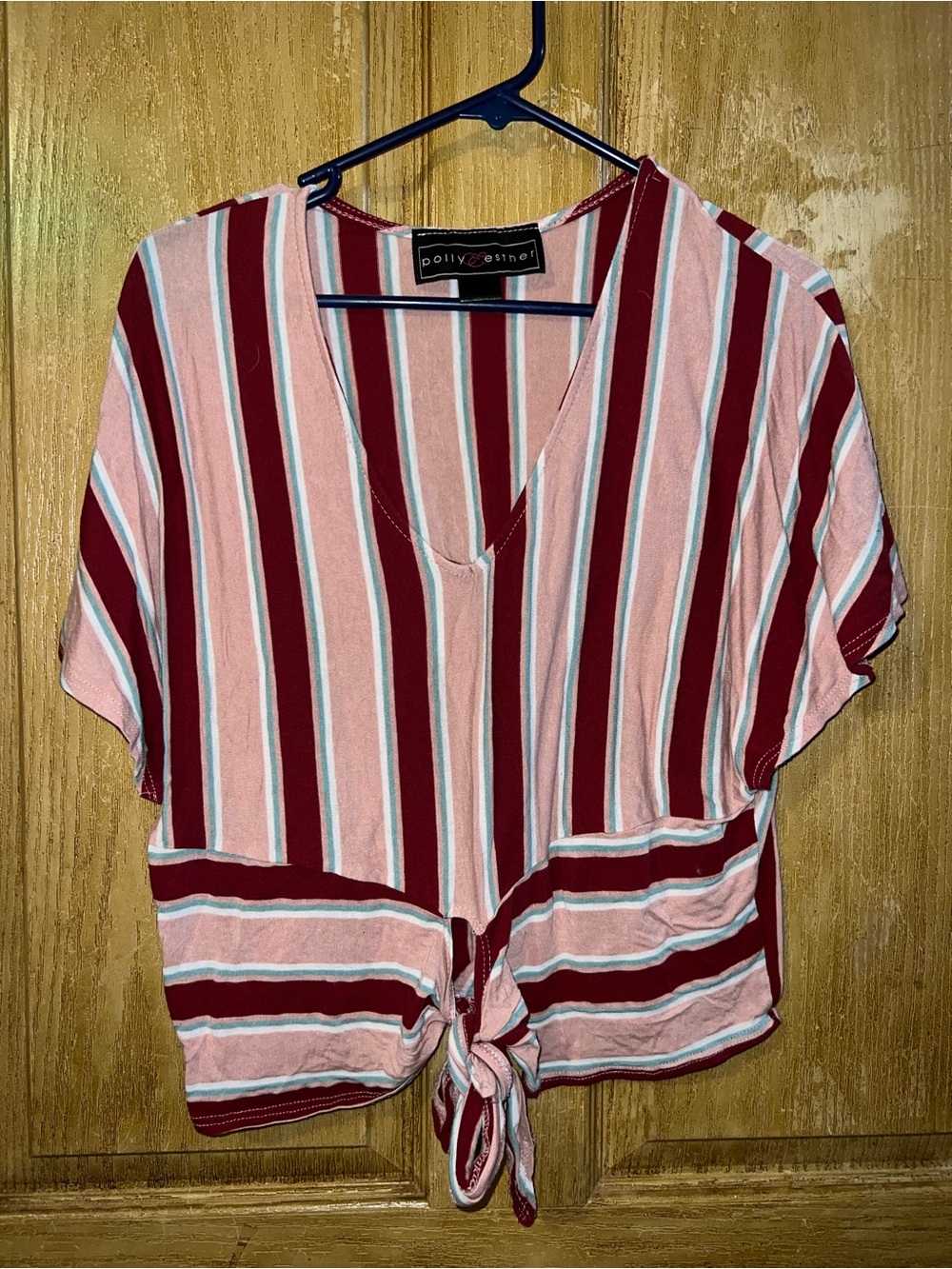 Dollywood & Co. Pink and Burgundy Striped Tie-Front Women's Top